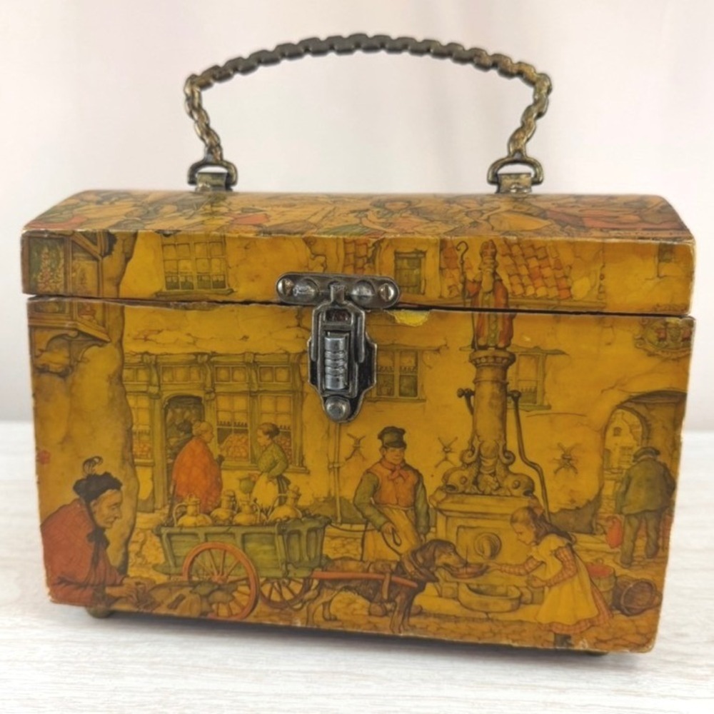 Vintage 70s Anton Pieck Decoupage Wooden Box Purse Victorian Scene Hinged |Lined